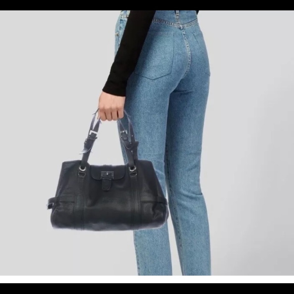 LONGCHAMP MADE in FRANCE BLACK SILVER LEATHER SATCHEL Bag LUX RARE VNTG $ FIXED - Picture 3 of 8